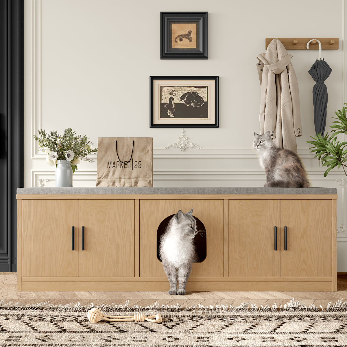 Katzenschrank 140 cm in Eiche-Optik als Sitzbank im Flur