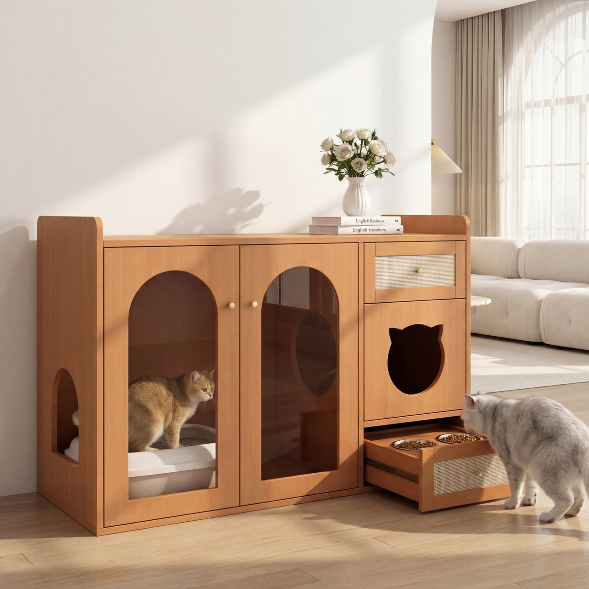 Katzen-Sideboard in Nussbaum mit Glastür und Futterstation